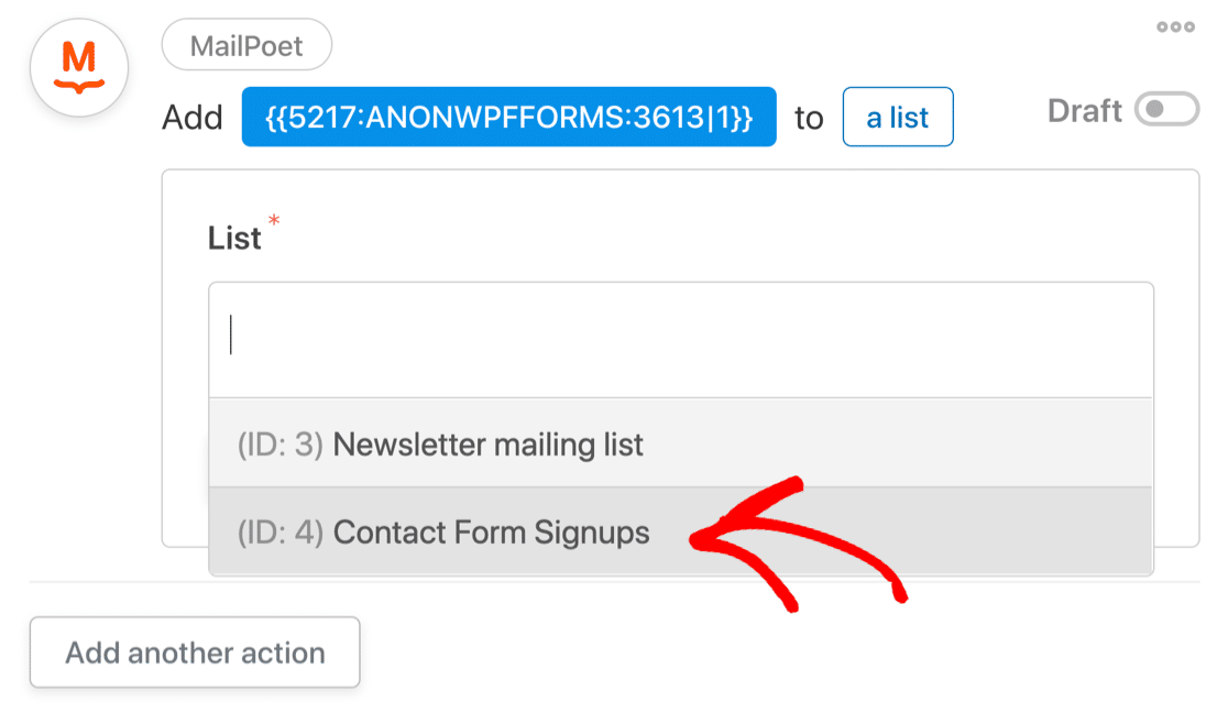حدد قائمة MailPoet