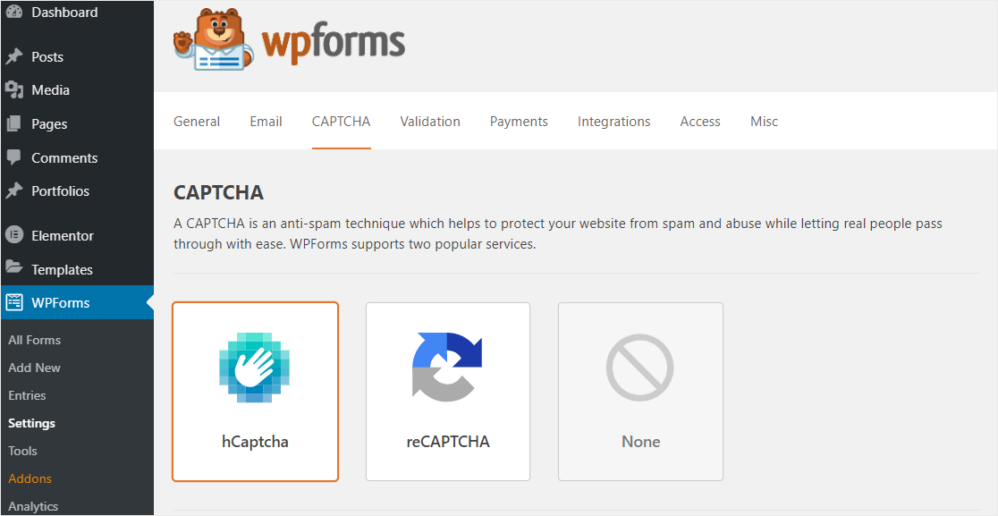 ตัวเลือก hcaptcha ภายในการตั้งค่า wpforms