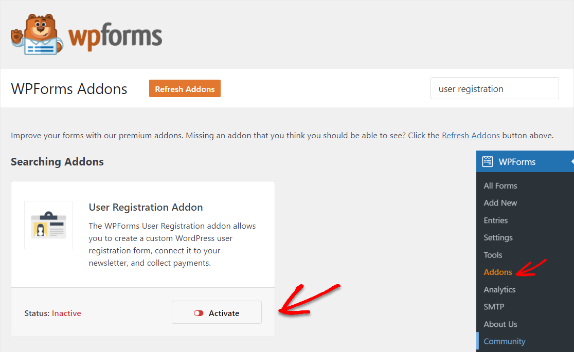 wpforms 사용자 등록 애드온 활성화하여 모든 WordPress 페이지에 추가