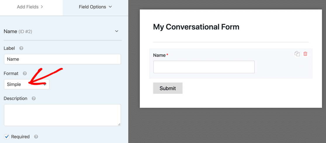 WPForms bidang formulir percakapan sederhana untuk nama
