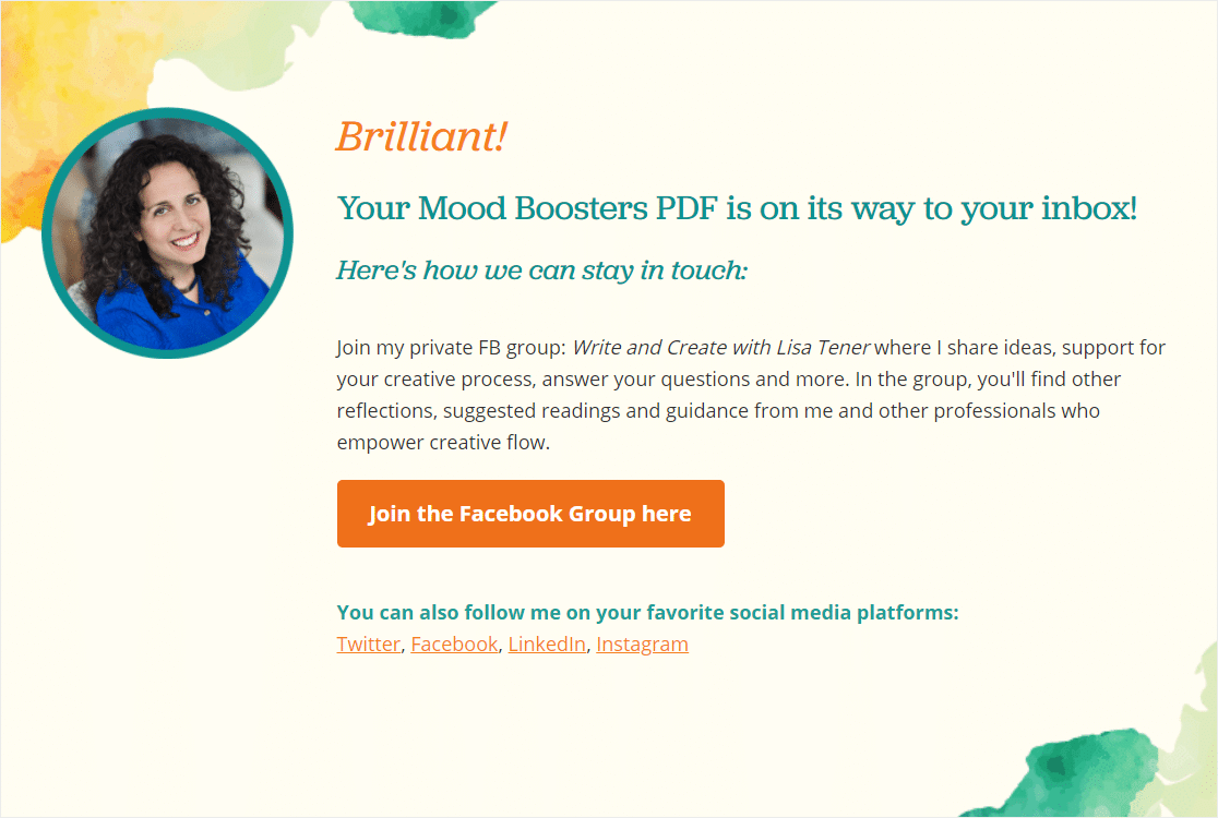 exemple de page de remerciement avec invitation au groupe facebook