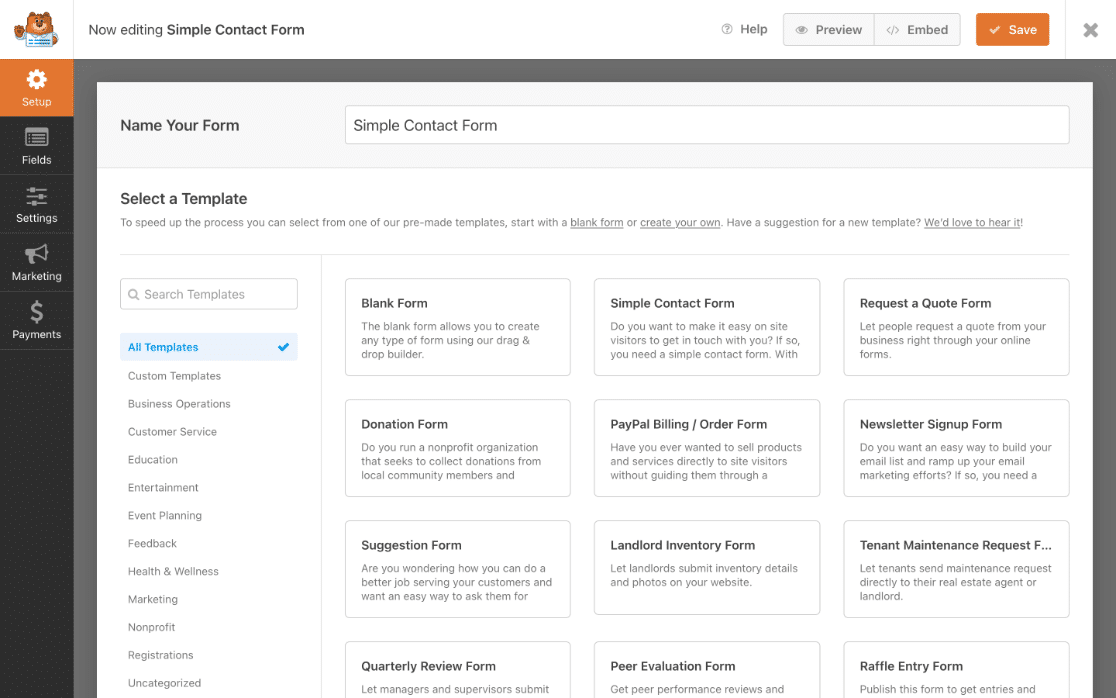 เทมเพลตแบบฟอร์ม wpforms ใหม่