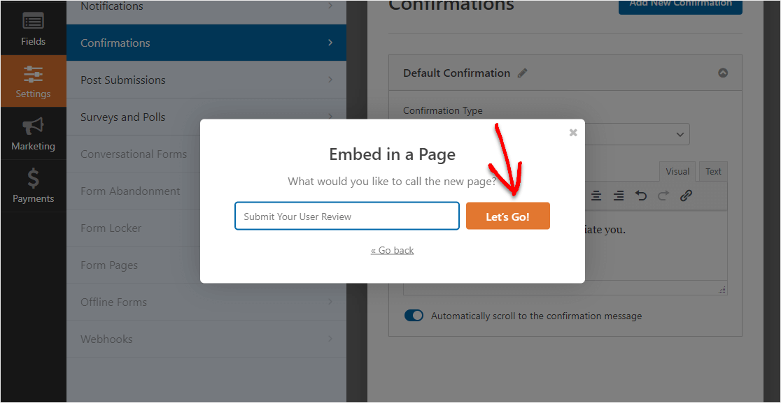 crea una nuova pagina in cui incorporare il modulo