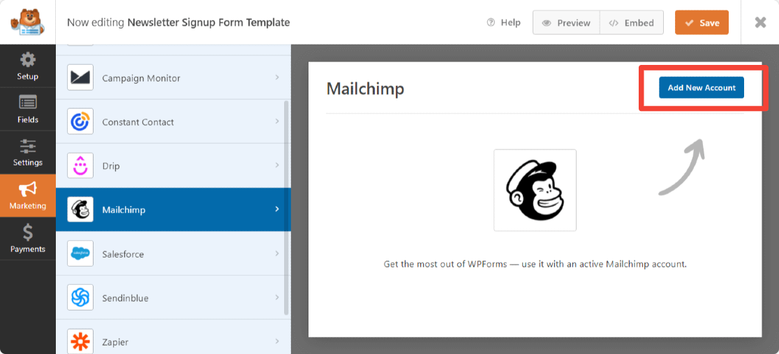 サインアップフォームを作成するために新しいmailchimpアカウントを追加します