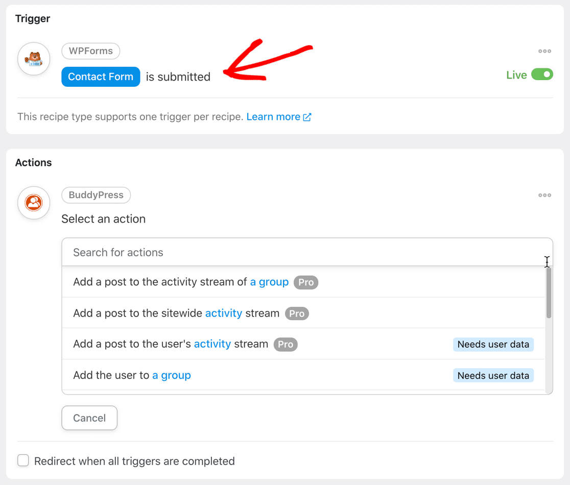 WPForms BuddyPress-Automatisierung in Uncanny Automator