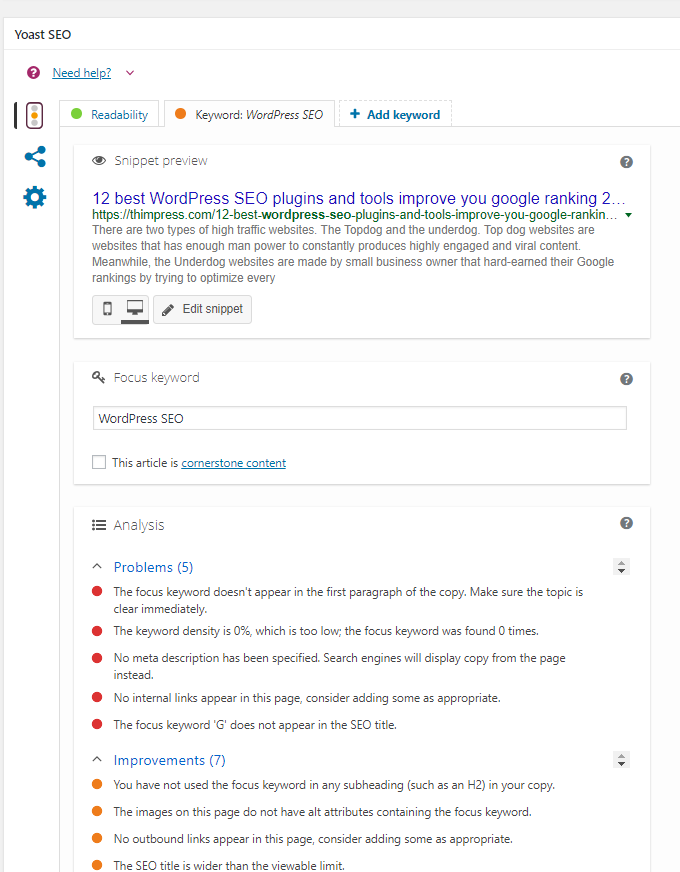 Analisi del contesto di Yoast SEO - fornendo problemi, miglioramenti e snippet di anteprima