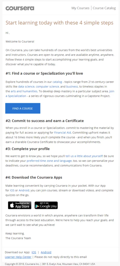 Coursera hoş geldiniz e-postası örneği